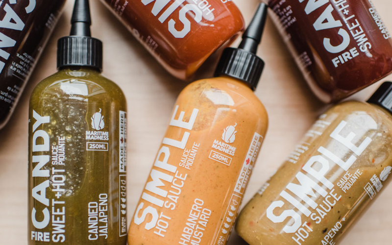Assorted Maritime Madness hot sauces including Candy Fire and Simple Habanero Mustard flavours