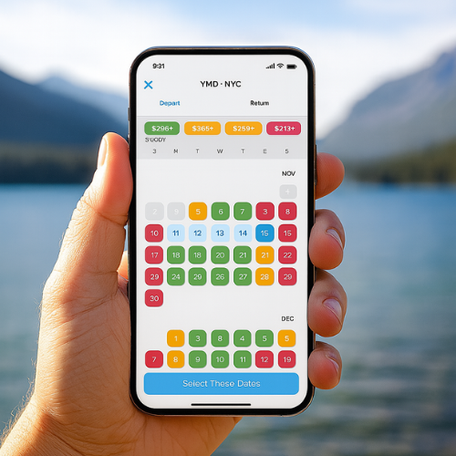 Hand holding a smartphone with a travel booking app open against a scenic background