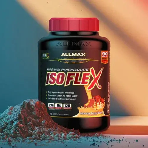 Protein supplement bottle with colourful background