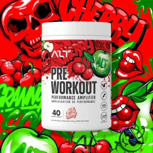 Pre-workout supplement container with cherry and skull graphics on a colorful background