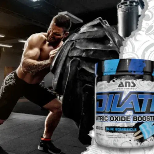 Man lifting weights in a gym with an ANS Performance nitric oxide booster bottle in the foreground.