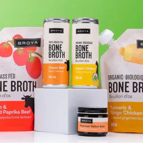 Colourful Broya broth products arranged on a sleek, minimalist white background 