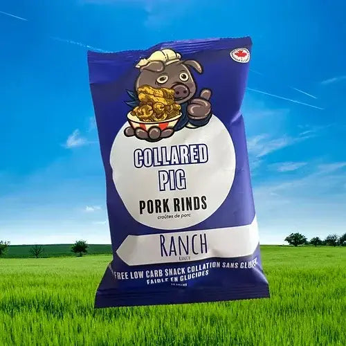 Collared Pig Pork Rinds Ranch flavor package against a blue sky and green field background