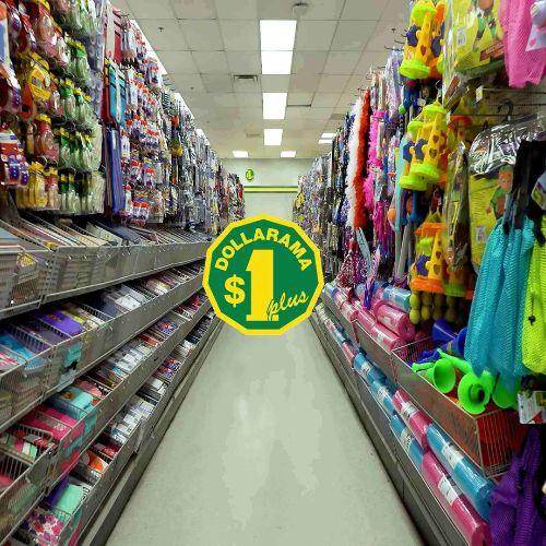 Toy and party supply aisle inside a Dollarama store, with the Dollarama $1 Plus logo centered over the image