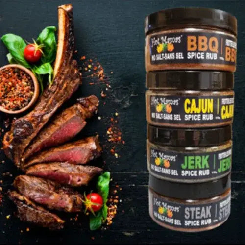 Stack of spice rub containers with grilled meat and herbs on a dark background