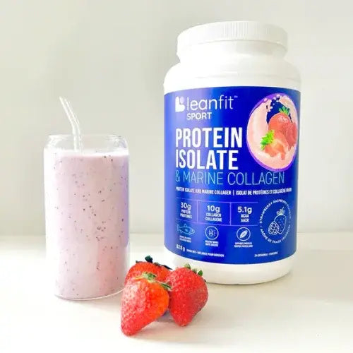 Protein supplement container with a glass of strawberry smoothie and strawberries on a light background.