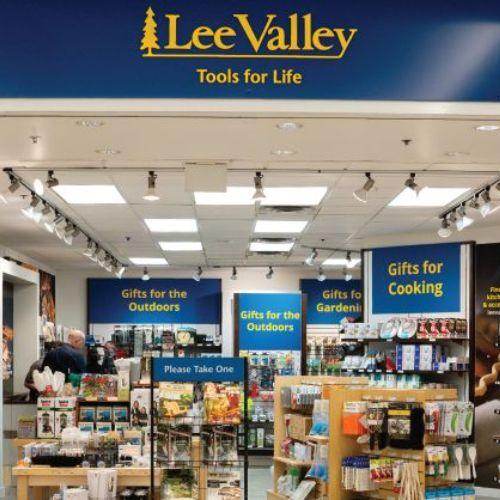 Interior of a Lee Valley store displaying tools and gift items for cooking, gardening, and the outdoors