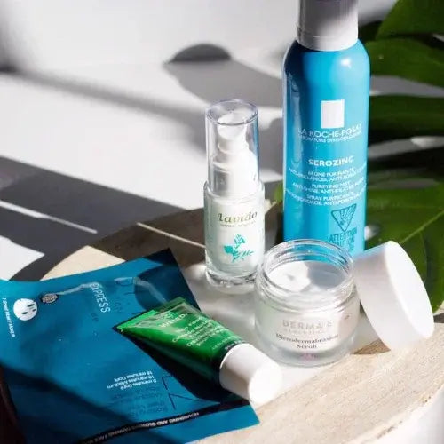 Assorted skincare products on a tray under natural light – Available at Canadian-owned retailer London Drugs