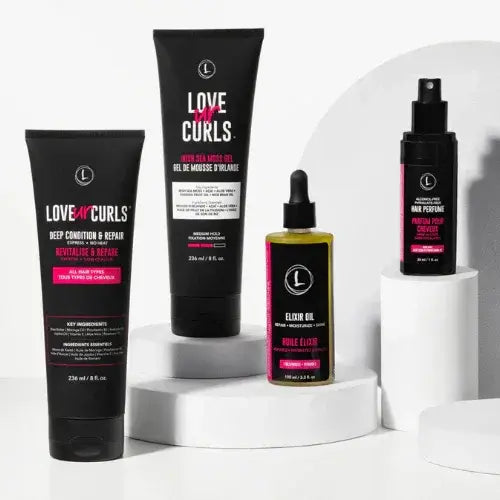 Lus brands haircare products arranged on a minimalist white background 