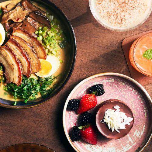 Moxies restaurant dishes including ramen, chocolate dessert, and cocktails – Canadian-owned casual dining brand