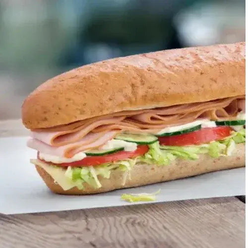 Turkey and veggie sub sandwich on whole wheat bread from Canadian-owned Mr. Sub restaurant