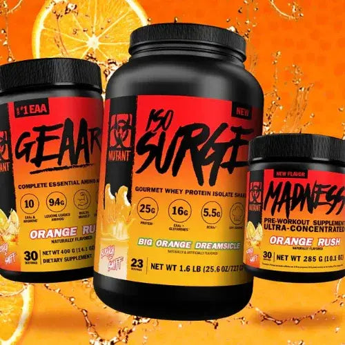 Supplement bottles with orange flavor theme on a bright orange background.