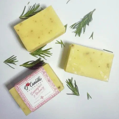 O Canada Lemongrass & Rosemary handmade soap bars with natural rosemary sprigs – Canadian artisan skincare