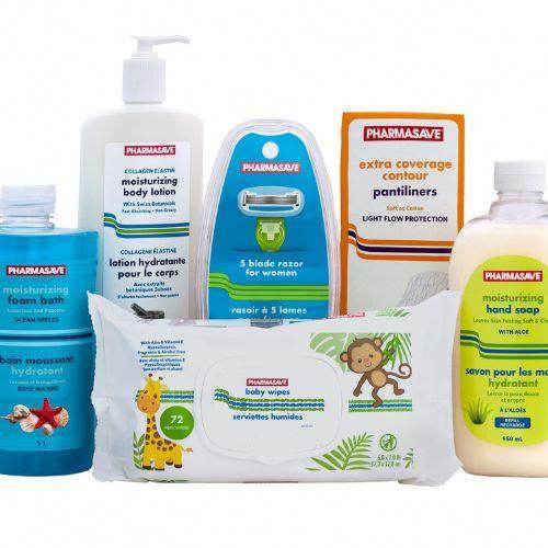 Assorted Pharmasave personal care products including lotion, body wash, hand soap, baby wipes, and razor