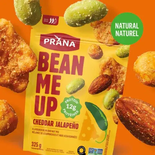 Yellow snack packaging with bean me up and cheddar jalapeño flavor text.