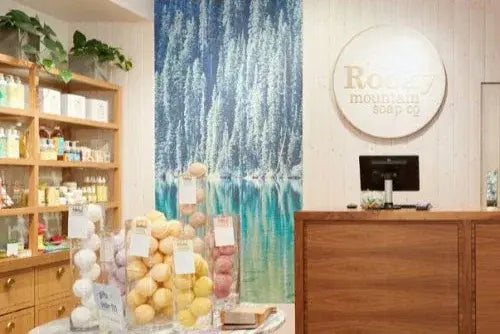 Rocky Mountain Soap Company store interior with natural bath products, bath bombs, and Canadian-made skincare display