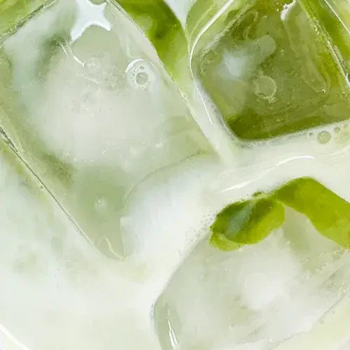 Close-up of green tea with ice cubes