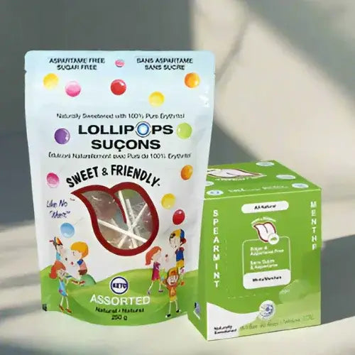 Packaging of Lollipops with a sweet and friendly design, and a box of Spearmint lollipops.