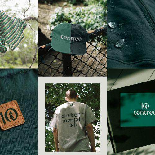 A collage showcasing Tentree sustainable clothing and accessories, including a striped shirt, eco-friendly hat, water-resistant fabric, cork logo patch, and a person wearing a shirt with the slogan 'environmental-ish'