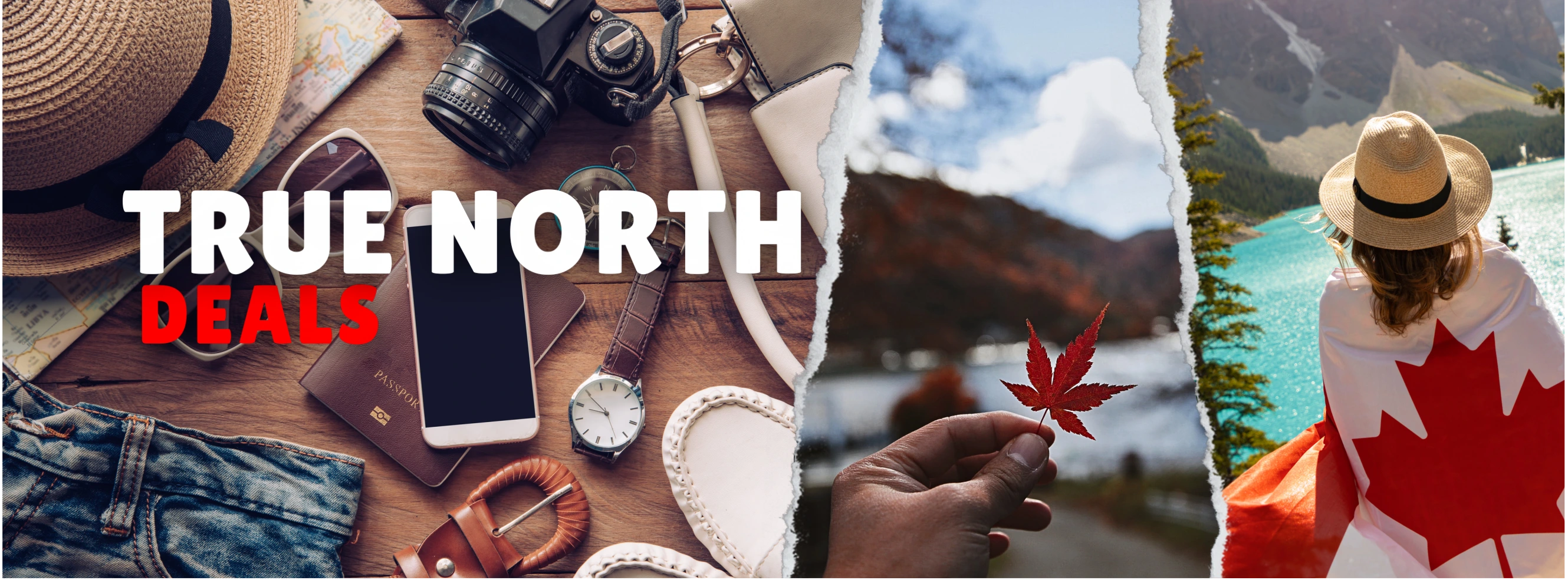 true north deals website banner showing various merchandise like clothing, shoes and sunglasses as well as scenes of mountains and a Canadian flag to symbolize Canadian pride