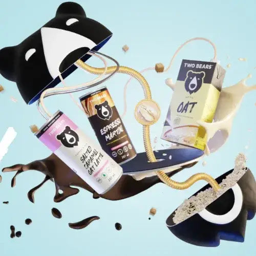 Collage of coffee products and a hat with a bear design on a light blue background