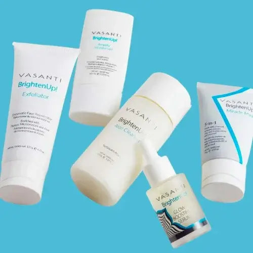 Vasanti BrightenUp! skincare collection including exfoliator, serum, and moisturizer – Radiance-boosting products from Canadian-owned Vasanti Cosmetics