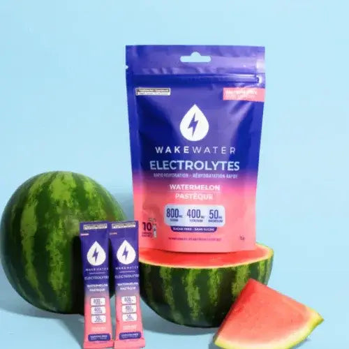 Wakewater Electrolytes packaging with watermelon on a blue background