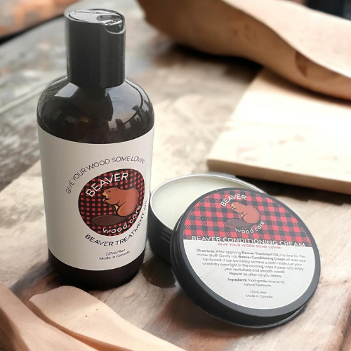 Two Beaver Wood Care products on a wooden surface