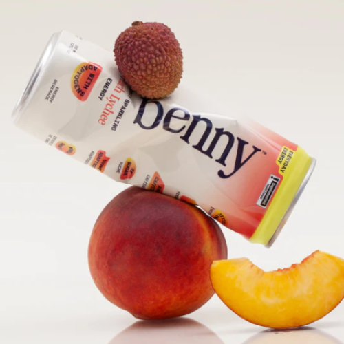 Can of 'Benny' peach-flavoured drink with a peach and lychee on a white background