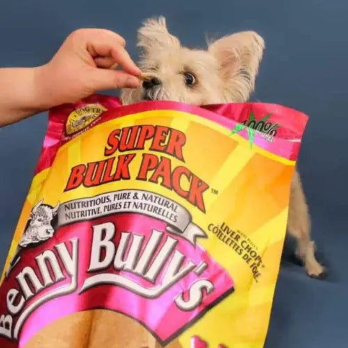 Dog peeking out from behind a 'Benny Bully's Super Bulk Pack' bag against a blue background