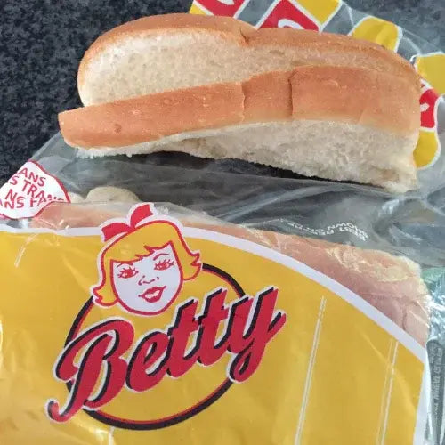 Packaged hot dog bun with Betty logo on a clear plastic bag