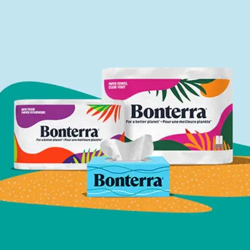 Bonterra paper products including paper towels and tissues on a colorful background