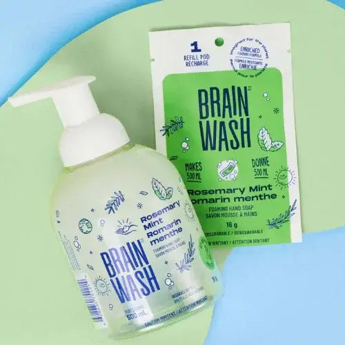 Brain Wash hand soap bottle and refill pod on a green and blue background