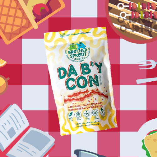 Brother Sprout Da B'y Con snack package on a red and white checkered background with food illustrations.