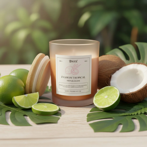 Candle labelled 'Evasion Tropical' with coconuts and limes on a leafy background