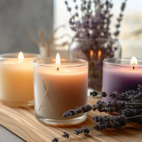 Three lit candles on a wooden surface with lavender flowers in the background