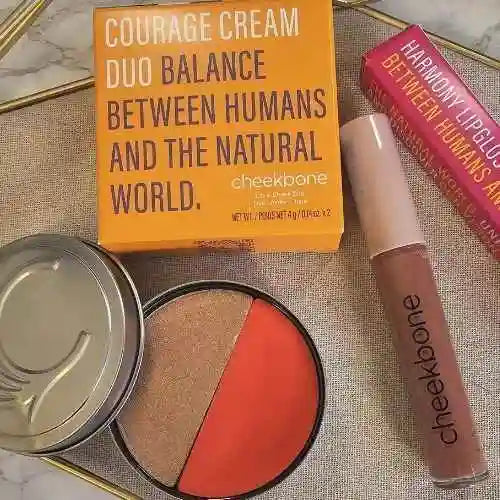 Makeup products including a compact with two shades and a lip gloss on a textured surface.