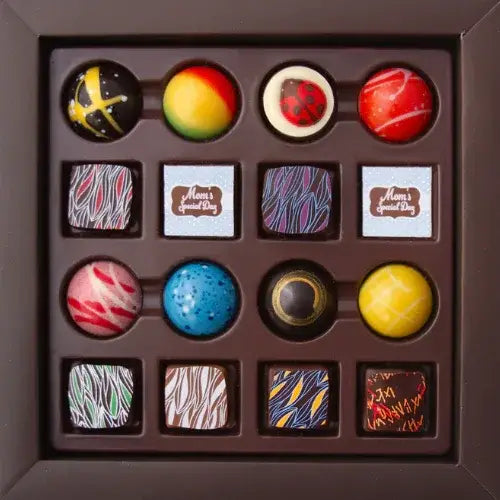 Assorted chocolates in a decorative box with 'Mom's special day' labels.