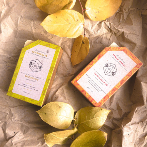 Two soap bars with labels on a textured surface with leaves