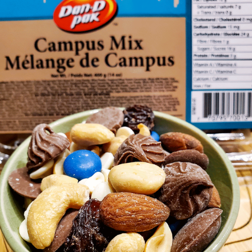 Bowl of Campus Mix with Don-D Pak packaging in the background