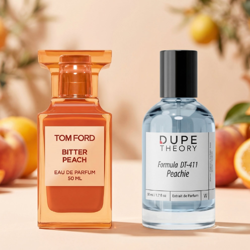 Two perfume bottles displayed side by side on a warm beige surface with peach and orange fruits blurred in the background. The left bottle is a transparent orange Tom Ford Bitter Peach Eau de Parfum 50 ML bottle, and the right bottle is a clear blue Dupe Theory Formula DT-411 Peachie extract de parfum 30 ML bottle with a black cap.