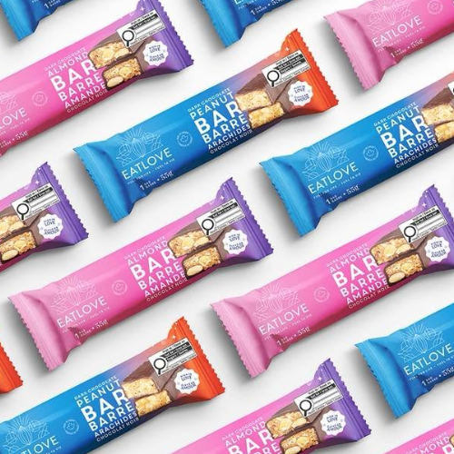 Colourful snack bars with 'EATLOVE' branding on a white background