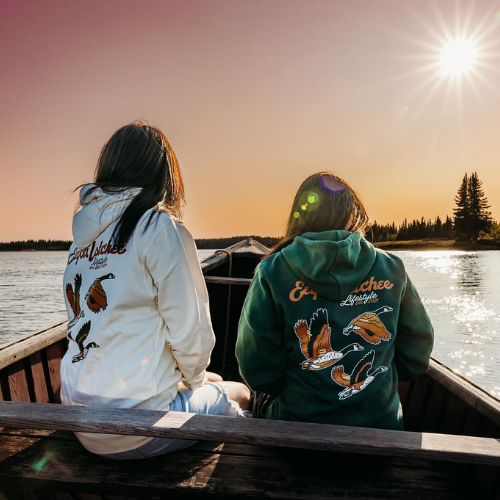 Two people in hoodies sitting in a boat on a lake at sunset.