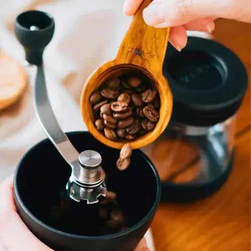 Hand holding a wooden scoop of coffee beans over a manual coffee grinder.