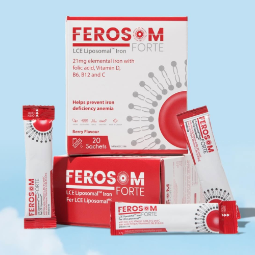 Ferosom Forte LCE Liposomal Iron dietary supplement, showing a white and red box of 20 sachets, along with several individual sachets arranged in front on a light blue background.