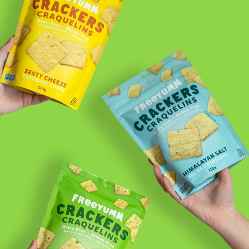 FreeYumm crackers variety packs in Himalayan salt and zesty cheeze flavours