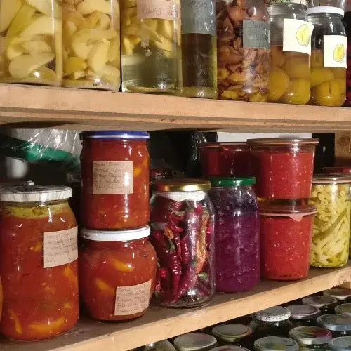 Shelves filled with various jars of preserved food with labels.