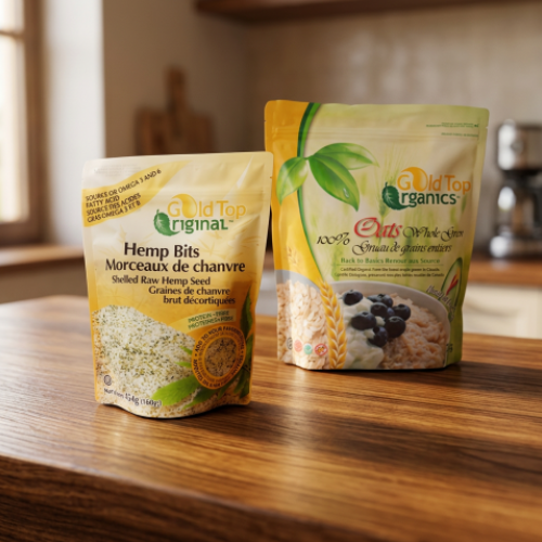 Two stand-up pouches of Gold Top Organics breakfast cereals on a wooden countertop in a kitchen setting. The front pouch is Gold Top Original Hemp Bits, and the rear pouch is Gold Top Organics Corn Flakes with Blueberries.