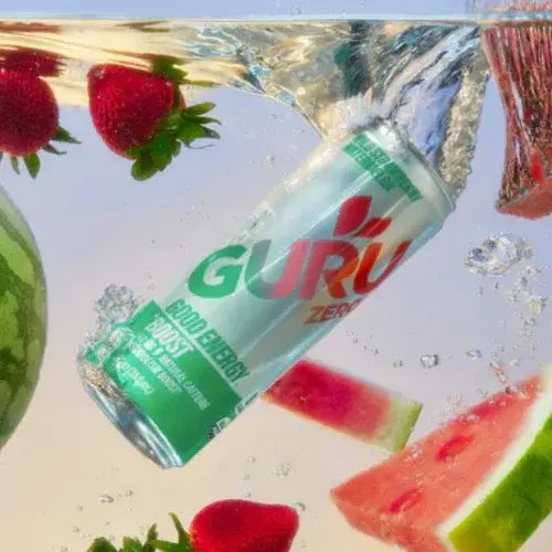 Guru Zero energy drink can with watermelon and strawberry slices in a drink.