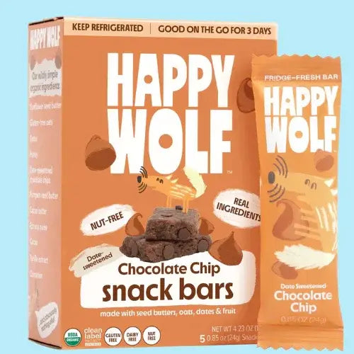 Happy Wolf Chocolate Chip snack bars packaging on a light blue background